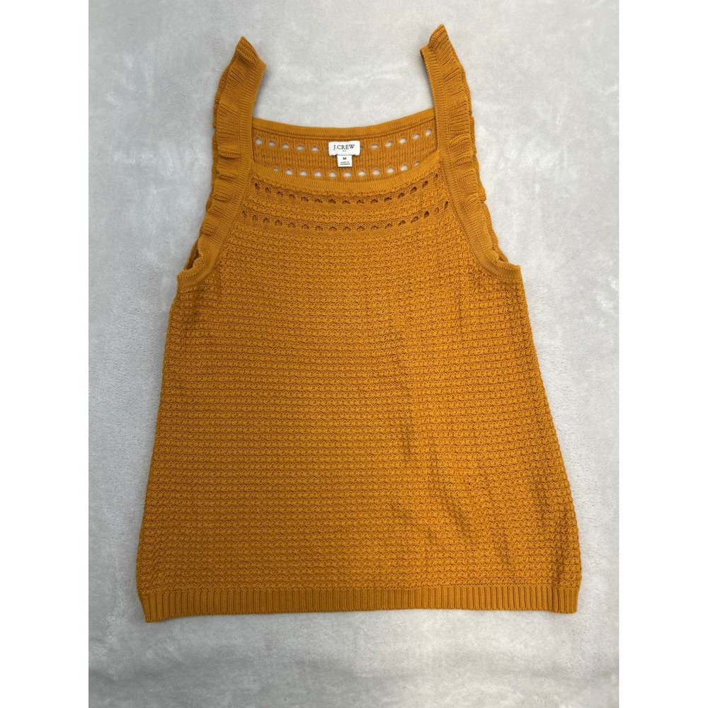 J.Crew Knit Tank Top Womens M Mustard Yellow Ruffle Pointelle Cotton Boho